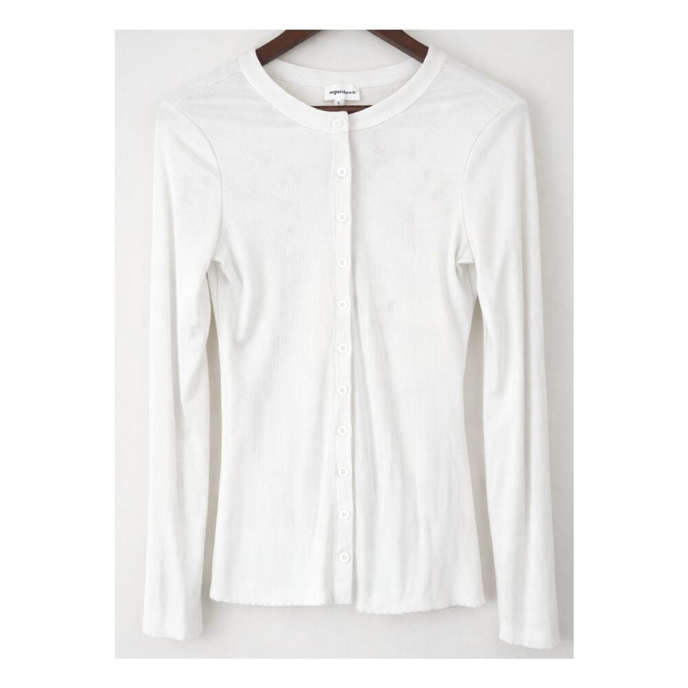 Superdown White Ribbed Button Front Long Sleeve T… - image 3